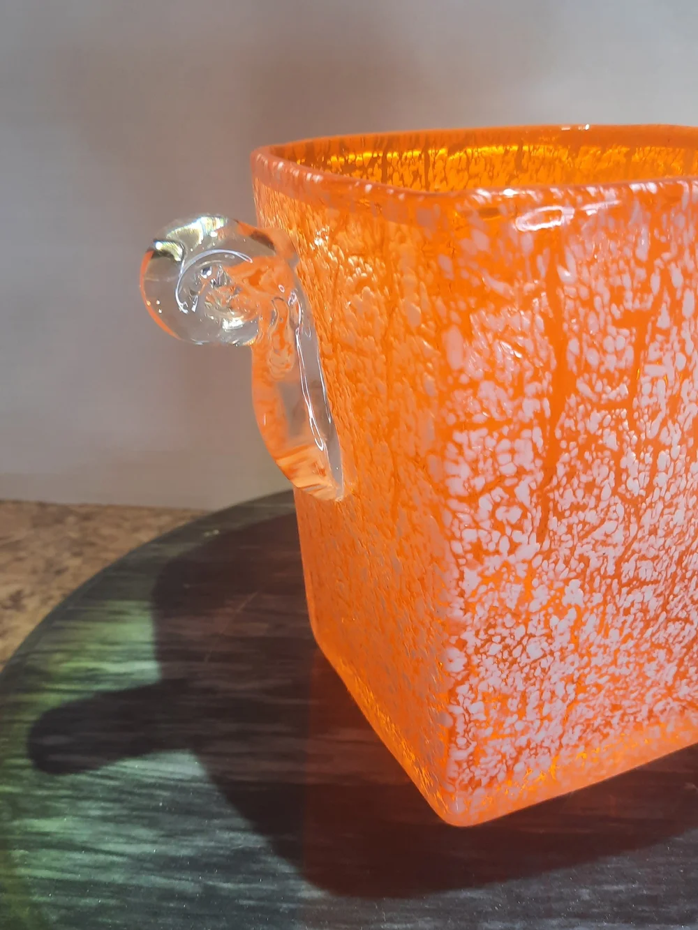 Orange Amberina Art Glass Ice Bucket with Clear Handles